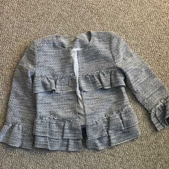 Loft Outlet Tweed Ruffle Open Front Grey Black White Blazer Size 2 - Picture 1 of 2